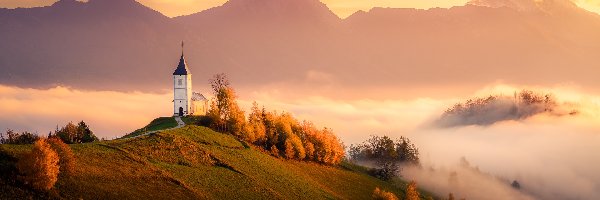 Góry, Mgła, Słowenia, Wieś Jamnik, Wzgórze, Drzewa, Jesień, Kościół św Primusa i Felicjana