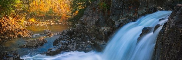 Jesień, Skały, Kamienie, Rzeka, Wodospad, Las, Drzewa
