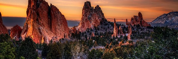 Garden of the Gods, Park, Drzewa, Skały, Wschód słońca, Stany Zjednoczone, Kolorado, Formacje skalne, Colorado Springs