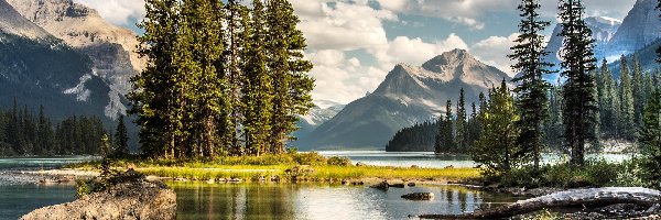 Kamienie, Drzewa, Wyspa Ducha, Jezioro Maligne, Park Narodowy Jasper, Kanada, Alberta, Chmury, Góry