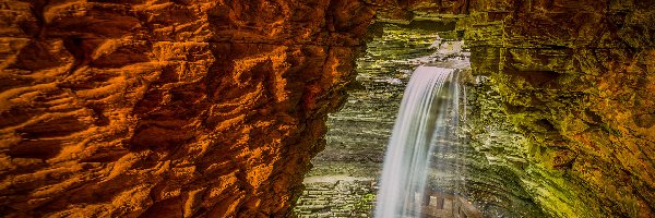 Nowy Jork, Wodospad, Cavern Cascade, Stany Zjednoczone, Skały, Watkins Glen State Park