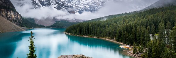 Góry, Drzewa, Park Narodowy Banff, Ośnieżone, Kanada, Moraine Lake, Lasy, Chmury, Jezioro, Mgła, Skały, Alberta, Kamienie