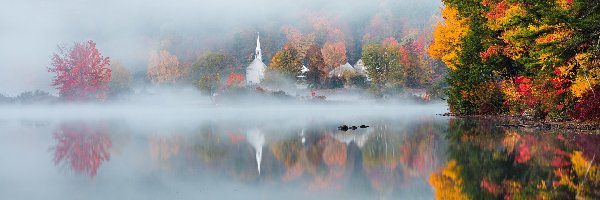 Eaton, Kolorowe, Stany Zjednoczone, Kościół, Mgła, Jezioro, Crystal Lake, Jesień, Drzewa, Stan New Hampshire