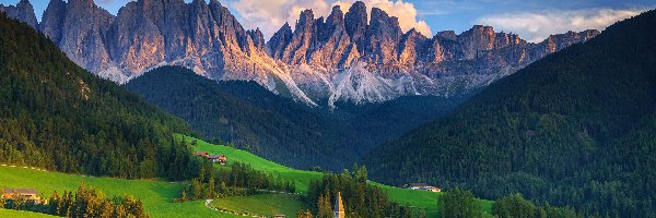 Drzewa, Dolina Val di Funes, Kościół, Lasy, Santa Maddalena, Góry, Dolomity, Włochy, Wieś, Domy