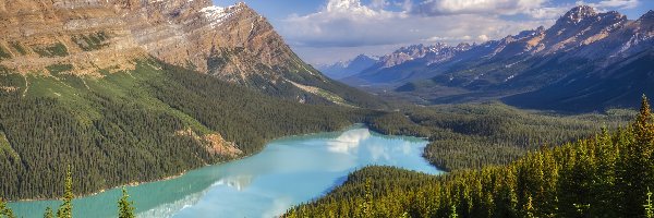 Góry, Jezioro, Kanada, Skały, Chmury, Drzewa, Lasy, Park Narodowy Banff, Peyto Lake, Prowincja Alberta