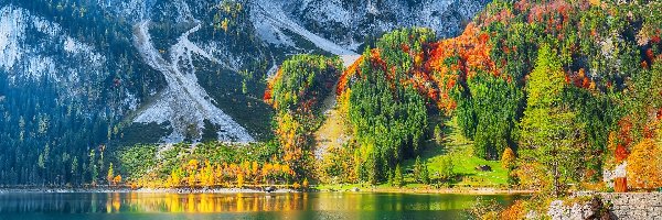 Jezioro, Drzewa, Góry, Skała, Jesień