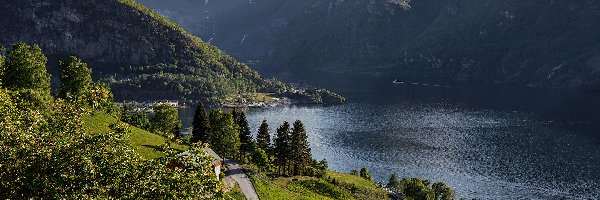 Drogi, Gmina Aurland, Fiord, Góry, Norwegia, Domy, Aurlandsfjord