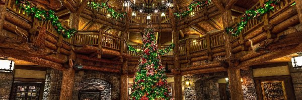 Disneys Wilderness Lodge, Wnętrze, Stany Zjednoczone, Hotel, Lobby, Żyrandol, Choinka, Boże Narodzenie, Hol, Orlando