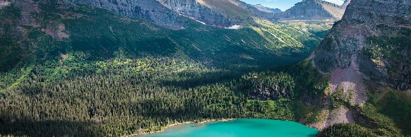 Lasy, Drzewa, Grinnell Lake, Jezioro, Park Narodowy Glacier, Stany Zjednoczone, Montana, Góry, Chmury