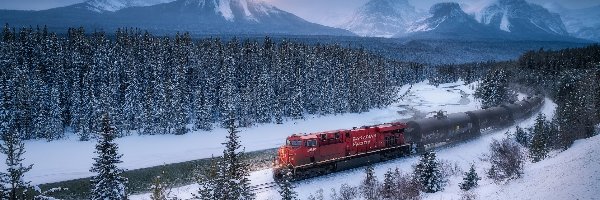 Pociąg, Rzeka, Góry Skaliste, Śnieg, Zima, Alberta, Bow River, Chmury, Lasy, Kanada, Drzewa, Park Narodowy Banff