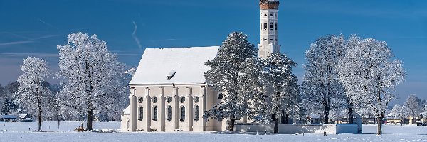 Eglise Saint Coloman, Kościół, Alpy, Góry, Zima, Niemcy, Bawaria, Drzewa, Region Allgau
