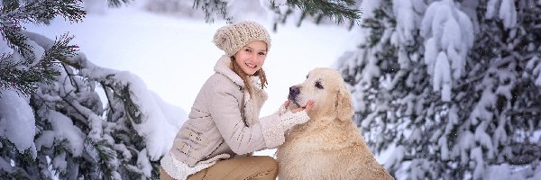 Zima, Dziewczynka, Drzewa, Golden retriever, Pies