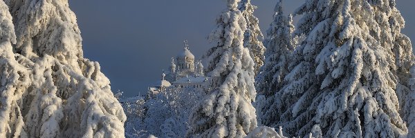 Cerkiew, Śnieg, Rosja, Obwód permski, Drzewa, Białogórski Monaster św Mikołaja, Biała Góra, Zima