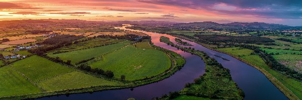 Irlandia Północna, Pola, Łąki, Foyle River, Rzeka, Clonleigh, Zachód słońca