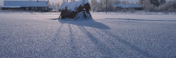 Stóg, Drzewa, Śnieg, Siana, Domy, Zima