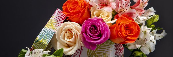 Kwiaty, Róże, Kolorowe, Pudełko, Alstremerie