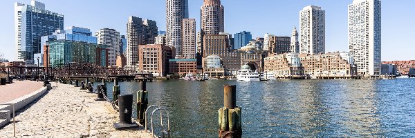 Panorama, Boston, Wybrzeże, Massachusetts, Stany Zjednoczone, Statki, Wieżowce