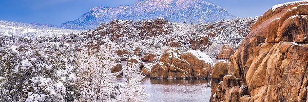 Śnieg, Watson Lake, Granite Dells, Skały, Góry, Stany Zjednoczone, Arizona, Jezioro, Prescott