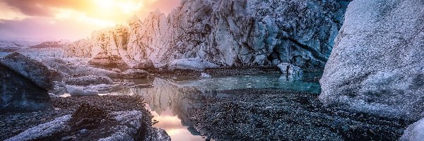 Islandia, Wschód słońca, Jezioro Jokulsarlon, Skała, Zima