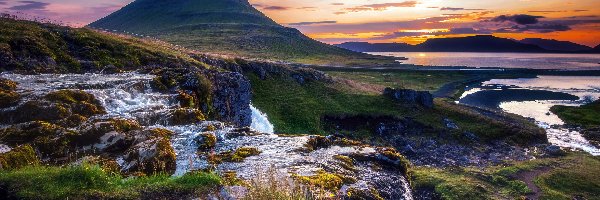 Półwysep Snaefellsnes, Wodospad Kirkjufellsfoss, Wchód słońca, Islandia, Rzeka, Góra Kirkjufell