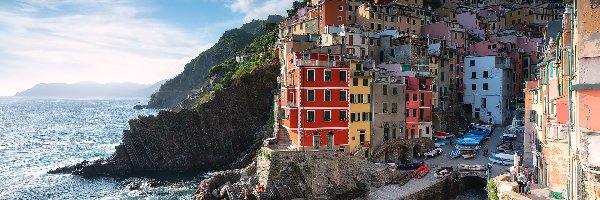 Morze Liguryjskie, Gmina Riomaggiore, Skały, Domy, Manarola, Cinque Terre, Kolorowe, Włochy