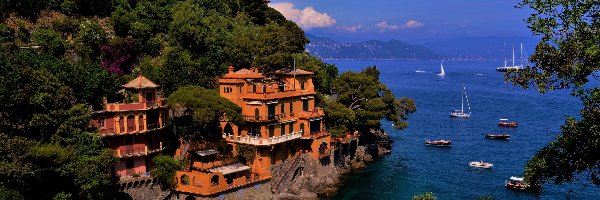 Morze, Portofino, Domy, Łódki Domy, Liguria, Włochy
