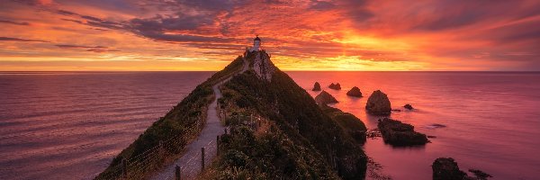 Ścieżka, Latarnia morska, Nowa Zelandia, Otago, Nugget Point Lighthouse, Skały, Zachód słońca, Morze