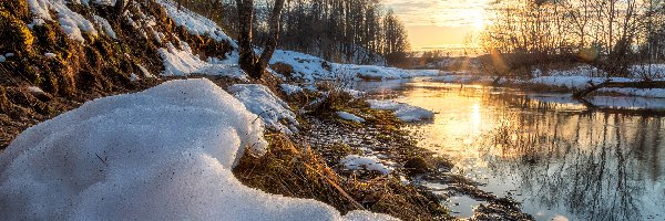 Zima, Rzeka, Brzeg, Śnieg, Drzewa