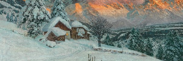 Domy, Alois Arnegger, Zima, Obraz, Malarstwo, Drzewa, Góry