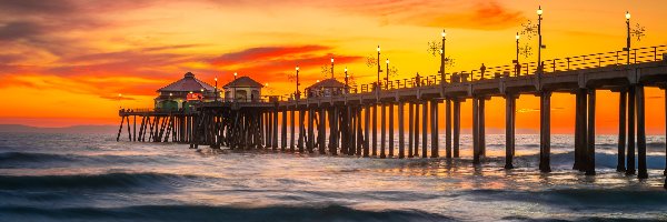 Huntington Beach Pier, Fale, Stany Zjednoczone, Kalifornia, Molo, Zachód słońca, Huntington Beach, Morze