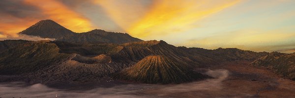 Indonezja, Mount Bromo, Wyspa Jawa, Zachód słońca, Wulkan, Góry