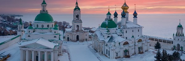 Klasztor, Cerkwie, Rosja, Obwód jarosławski, Monaster Przemienienia Pańskiego i św Jakuba, Jezioro Niero, Rostów, Zima