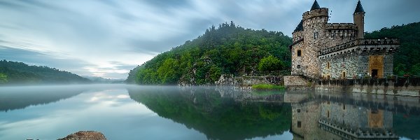 Mgła, Zamek La Roche, Jezioro Lac de Villerest, Gmina Saint Priest la Roche, Francja, Drzewa, Wzgórza