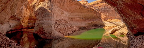 Glen Canyon, Kanion, Jezioro, Cathedral in the Desert, Skały, Stany Zjednoczone, Arizona, Powell Lake, Łódka