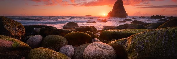 Kamienie, Skały, Morze, Zachód słońca