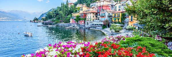 Kolorowe, Kwiaty, Jezioro, Varenna, Włochy, Drzewa, Łódka, Lake Como, Domy