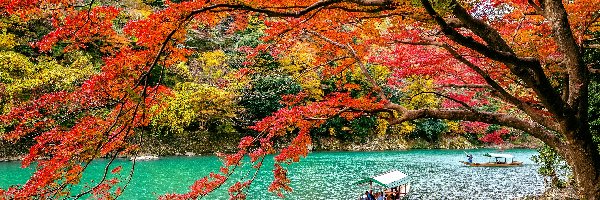 Japonia, Kolorowe, Drzewa, Łódki, Rzeka Hozu, Kioto, Dzielnica Arashiyama