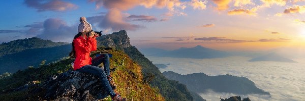 Góry, Skały, Czapka, Turystka, Kobieta, Tajlandia, Chiang Rai, Aparat fotograficzny, Doi Pha Mon