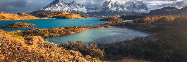 Chile, Chmury, Jeziora, Cordillera del Paine, Góry, Patagonia, Park Narodowy Torres del Paine