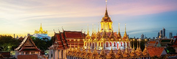 Niebo, Świątynia, Wat Ratchantdarm, Bangkok, Tajlandia, Oświetlenia, Wieczór