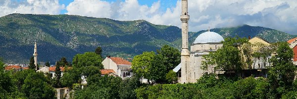 Drzewa, Meczet Koski Mehmed Pasha, Rzeka Neretva, Góry, Mostar, Bośnia i Hercegowina