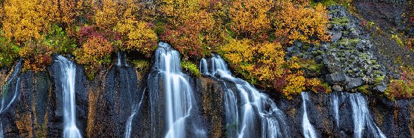 Roślinność, Wodospad Hraunfossar, Pożółkła, Islandia, Skały, Jesień