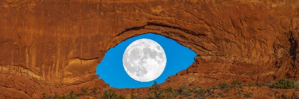 Skały, Łuk skalny, Stany Zjednoczone, Stan Utah, Double Arch, Księżyc, Pełnia, Park Narodowy Arches