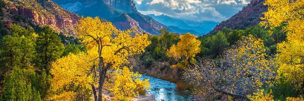 Park Narodowy Zion, Góry, Stany Zjednoczone, Chmury, Rzeka, Virgin River, Drzewa, Jesień, Góra Watchman, Utah
