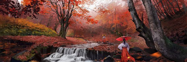 Jesień, Rzeka, Kobiety, Grafika, Drzewa, Las