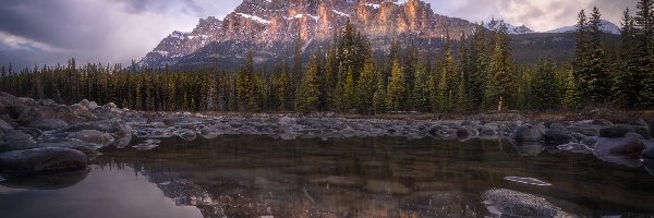 Kamienie, Park Narodowy Banff, Drzewa, Góra Castle Mountain, Kanada, Kamienie, Bow River, Alberta, Rzeka, Góry, Chmury