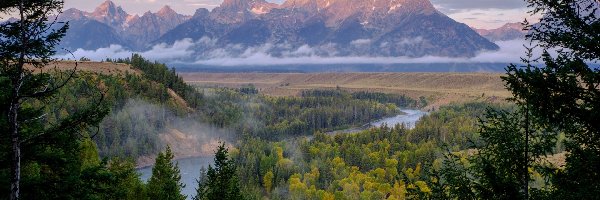 Snake River, Góry, Stany Zjednoczone, Rzeka, Las, Drzewa, Chmury, Park Narodowy Grand Teton, Teton Range, Stan Wyoming