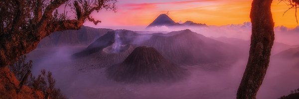 Indonezja, Mount Bromo, Wyspa Jawa, Zachód słońca, Wulkany, Góry