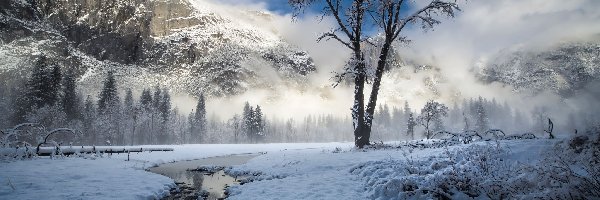 Park Narodowy Yosemite, Śnieg, Stany Zjednoczone, Mgła, Rzeka, Drzewa, Góry, Zima, Góry, Kalifornia