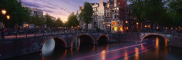 Światła, Kanał, Most, Amsterdam, Holandia, Domy, Drzewa
